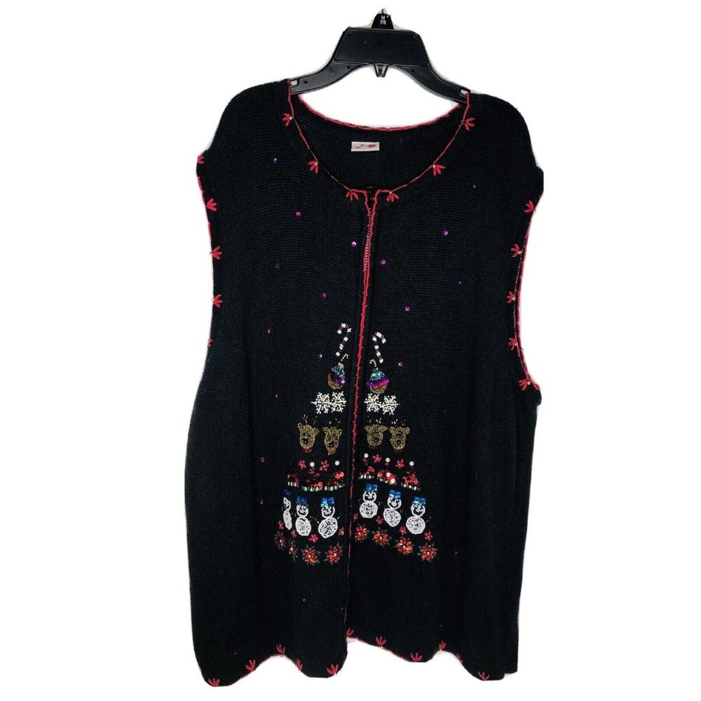 Ugly Christmas Sweater Vest Beaded Snowmen  Full Zip Long One Size  Vintage